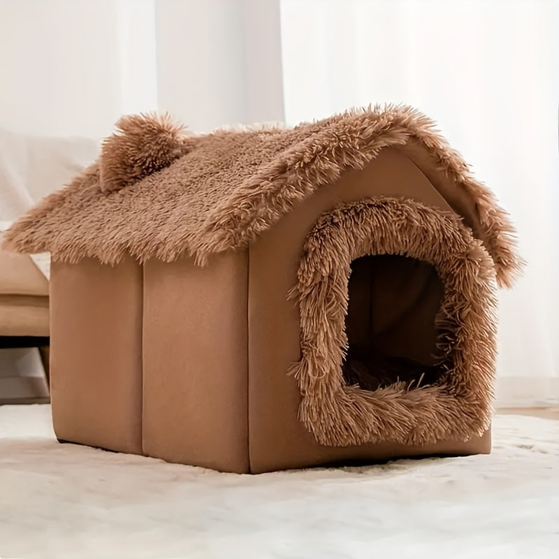 Cama de pelúcia confortável para cães e gatos, casinha para gatos com fundo antiderrapante removível