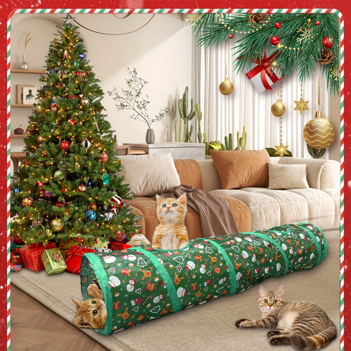 Túnel Natal dobrável para gatos - Esconderijo interativo para gatos, cães e coelhos
