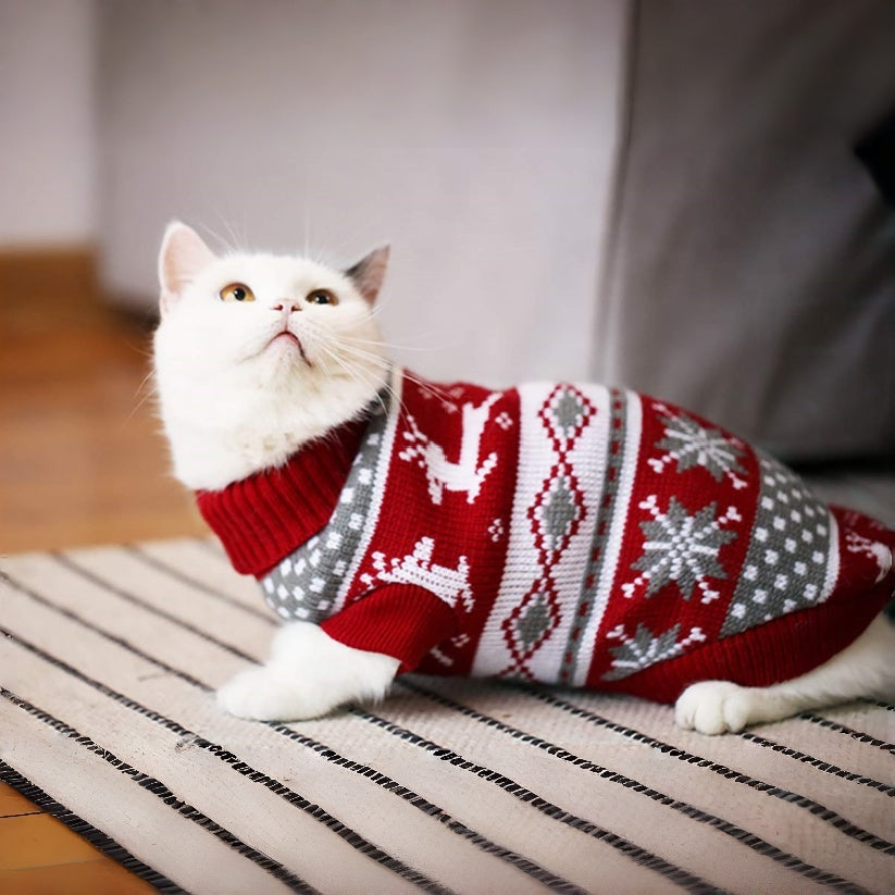 Suéter natalino de tricô quentinho e aconchegante para cães e gatos de pequeno e médio porte com renas e flocos de neve, lavável à mão,.