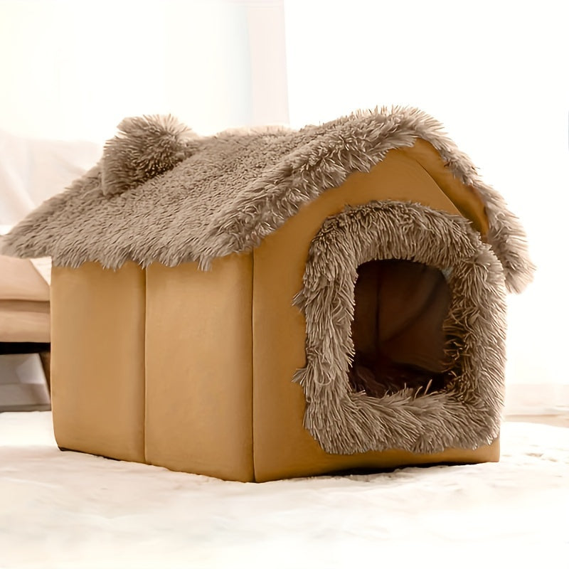 Cama de pelúcia confortável para cães e gatos, casinha para gatos com fundo antiderrapante removível