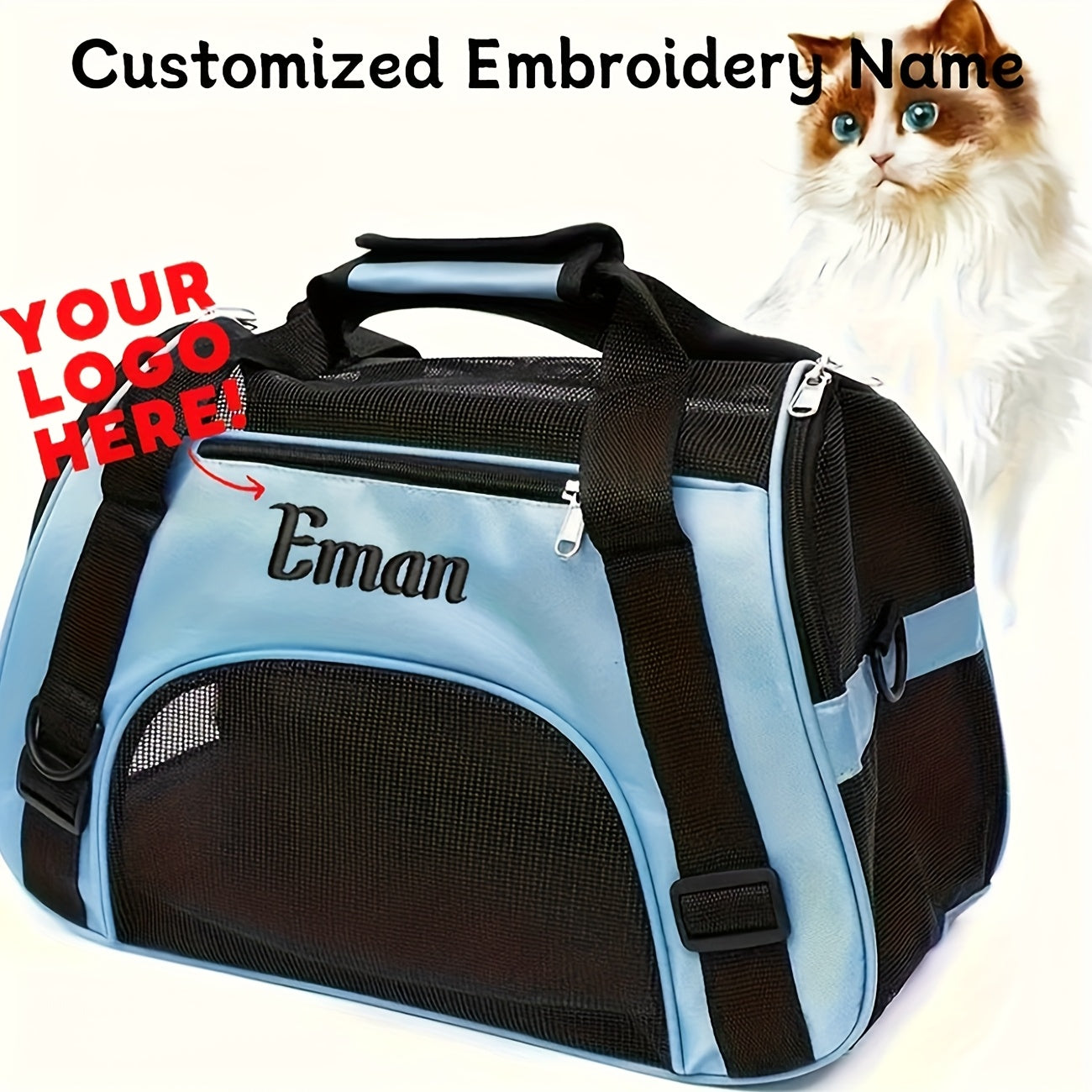 Mochila para transporte de cães e gatos bordada personalizada - Bolsa de viagem  com malha de ventilação, design dobrável e transversal e poliéster durável.