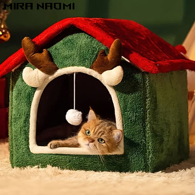 Casa de Gato Natal .  Aconchegante e Quente para Todas as Estações com Forro Felpudo & Cerca Reforçada