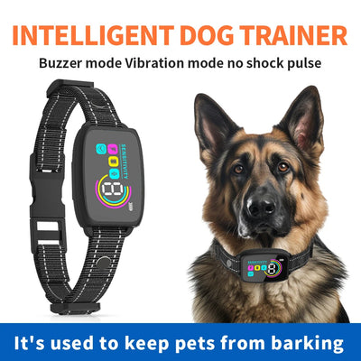 Coleira inteligente automática anti-latidos para cães.