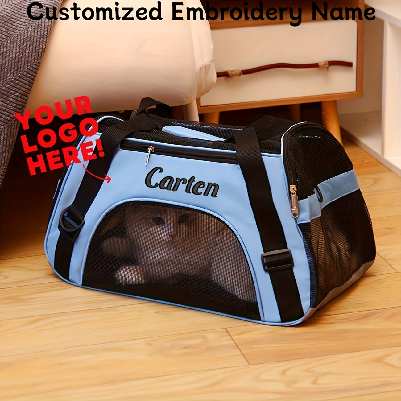 Mochila para transporte de cães e gatos bordada personalizada - Bolsa de viagem  com malha de ventilação, design dobrável e transversal e poliéster durável.