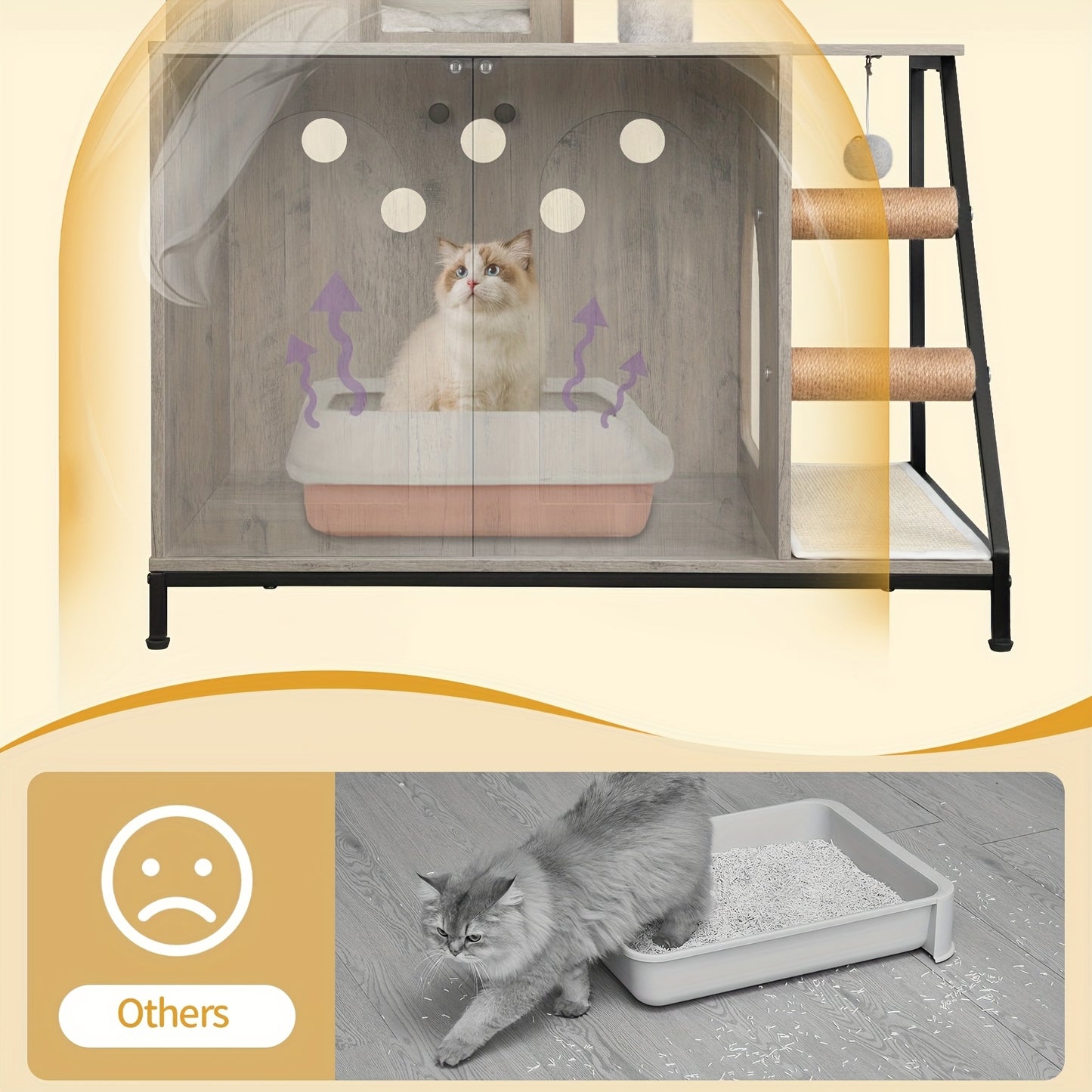 Árvore para Gatos 4 em 1 com Armário para Caixa de Areia, Tapete de Sisal para Arranhar, Postes, Escadas e Pompons - Almofadas Laváveis, Cinza-Bege