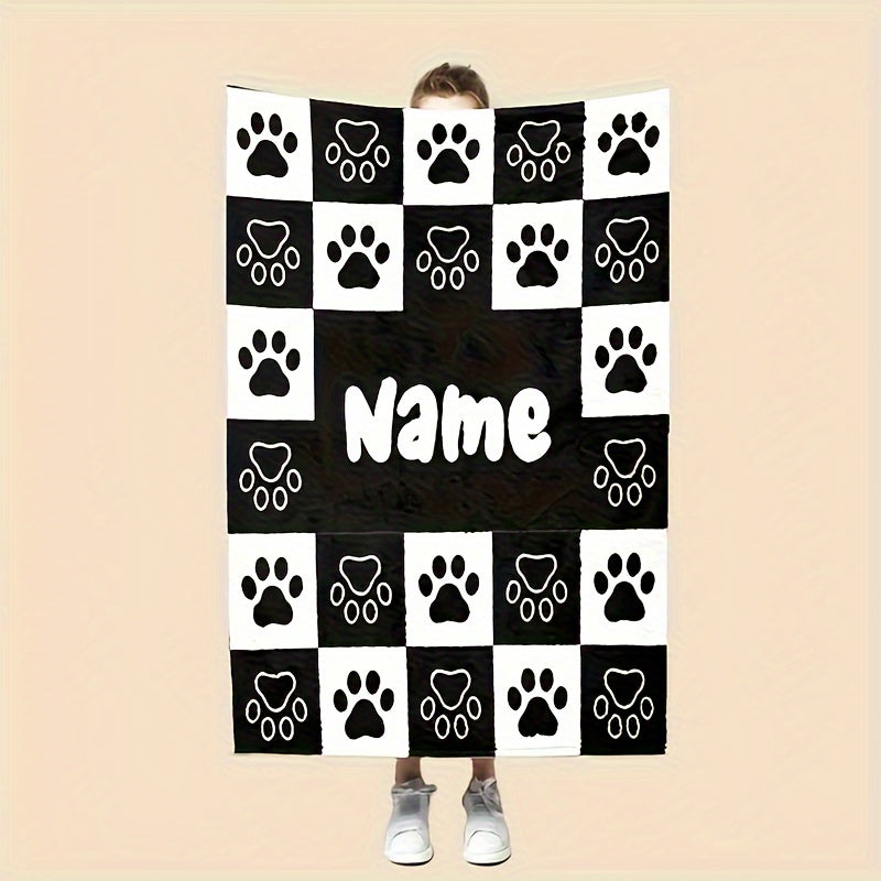 Manta personalizada com pegadas de cão e nome - Presente personalizável para amantes de cães - Adequada para praia, carro, sofá, escritório e uso animal - Lavável à máquina
