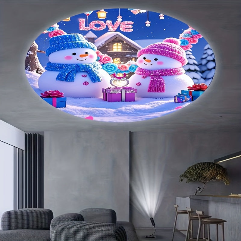 Projetor de luz USB com elementos natalícios, estampa de boneco de neve, trenó do Papai Noel e renas, luz projetora direcional giratória 360°