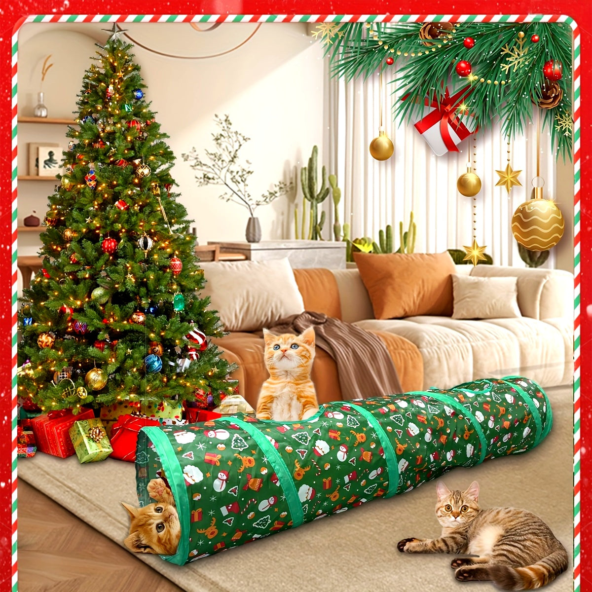 Túnel Natal dobrável para gatos - Esconderijo interativo para gatos, cães e coelhos
