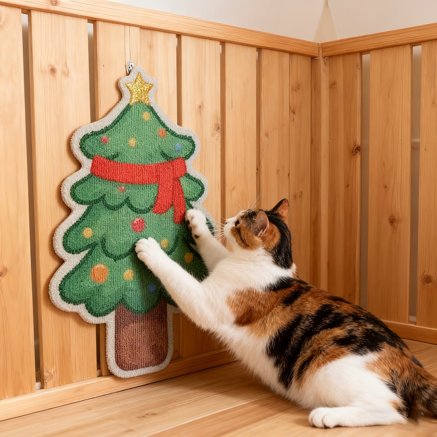 Arranhador para gatos em formato de árvore de Natal, feito com material espesso, durável e que não solta pelos.