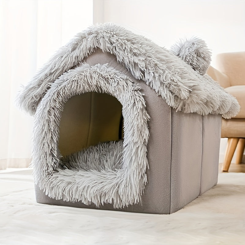 Cama de pelúcia confortável para cães e gatos, casinha para gatos com fundo antiderrapante removível