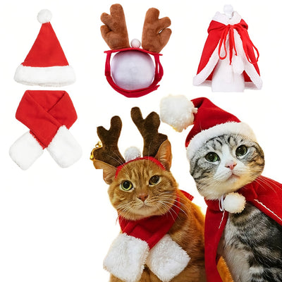 1/2pcs Conjunto de Decoração Natalina para Gatos, Chapéu Vermelho do Papai Noelo e Capa Aquecedor com Acessórios Tiara Antlerpara Filhotes .