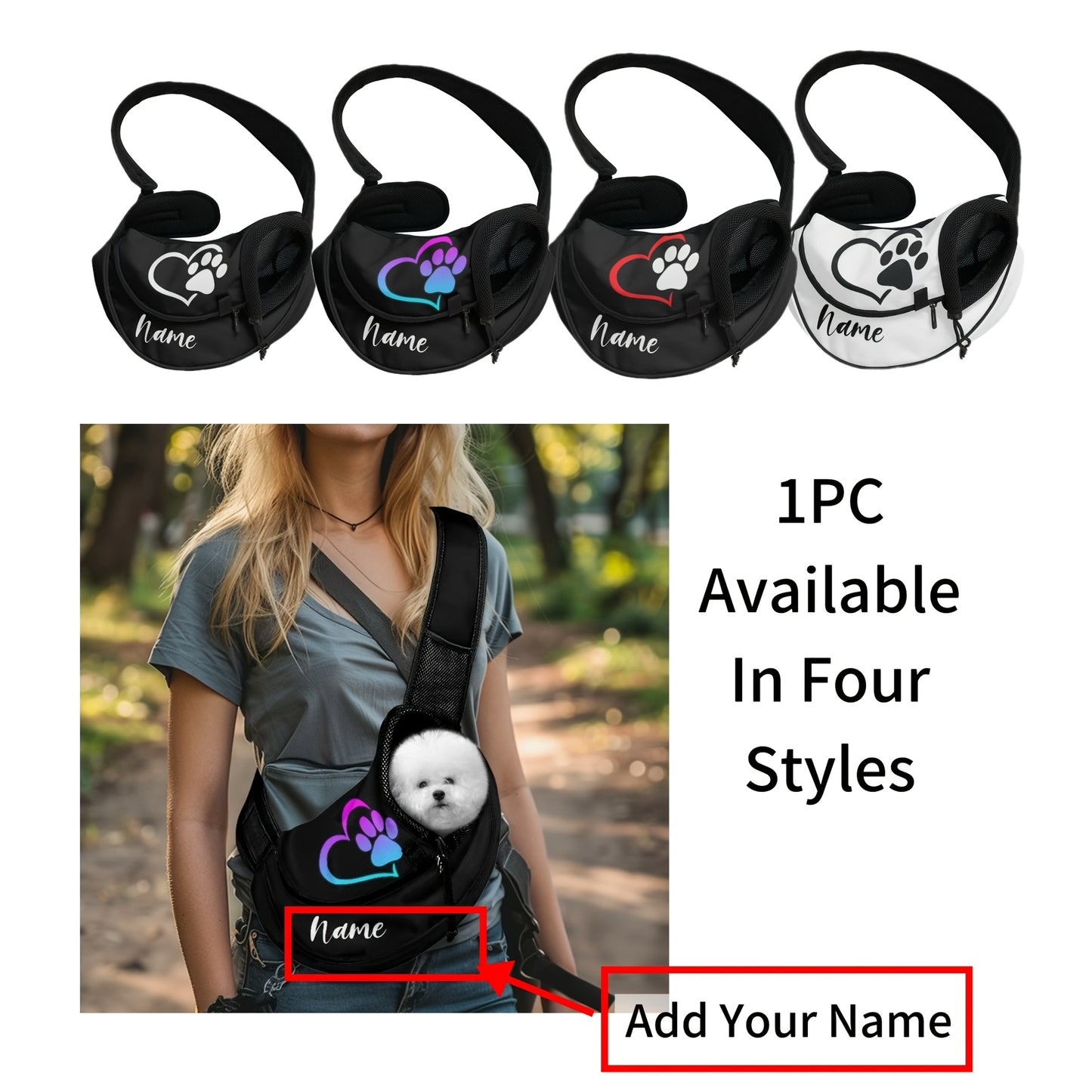 Bolsa Portátil para Pets com Nome/Texto Personalizado - Transportadora de Cães e Gatos Hands-Free com Costas em Malha Respirável, Alça Ajustável
