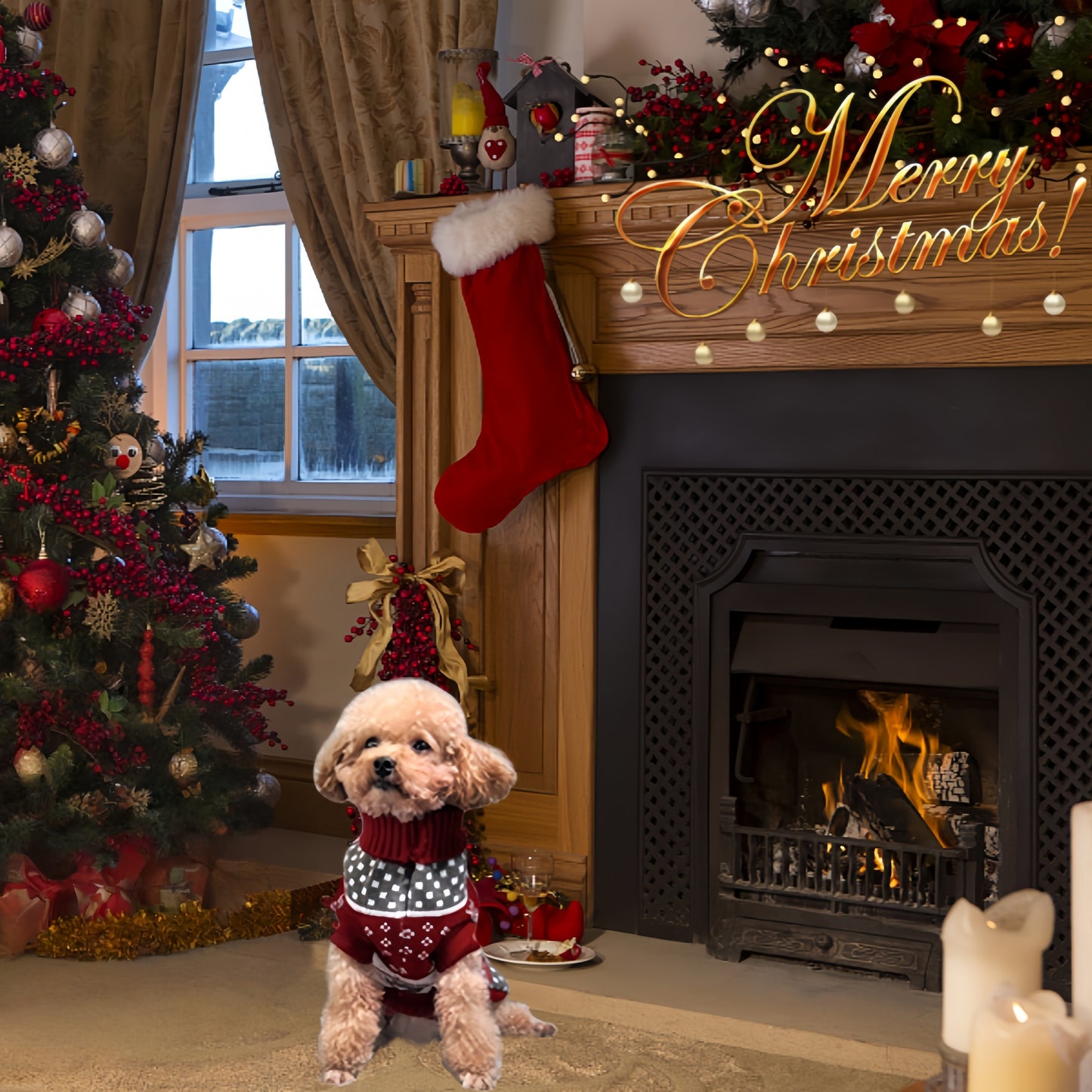 Suéter natalino de tricô quentinho e aconchegante para cães e gatos de pequeno e médio porte com renas e flocos de neve, lavável à mão,.