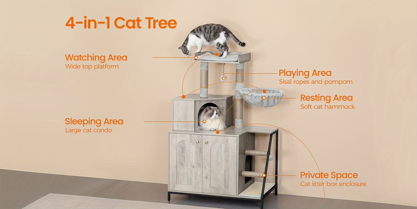 Árvore para Gatos 4 em 1 com Armário para Caixa de Areia, Tapete de Sisal para Arranhar, Postes, Escadas e Pompons - Almofadas Laváveis, Cinza-Bege