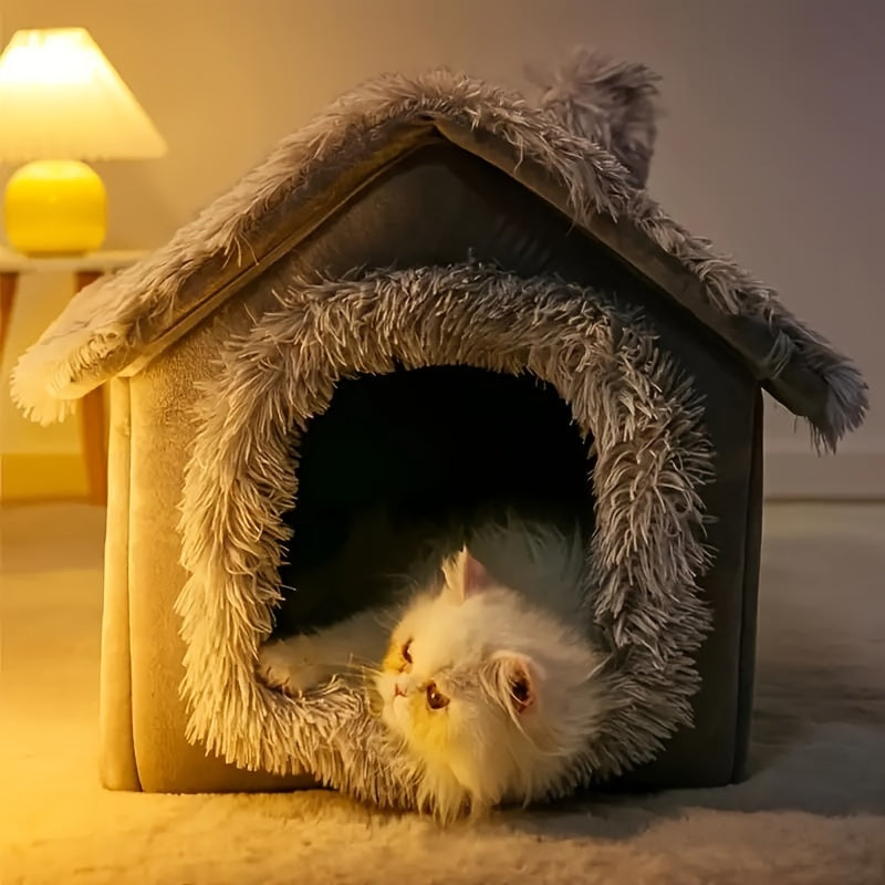 Cama de pelúcia confortável para cães e gatos, casinha para gatos com fundo antiderrapante removível