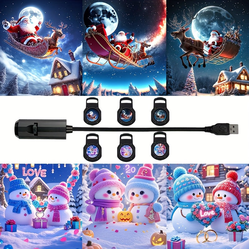 Projetor de luz USB com elementos natalícios, estampa de boneco de neve, trenó do Papai Noel e renas, luz projetora direcional giratória 360°