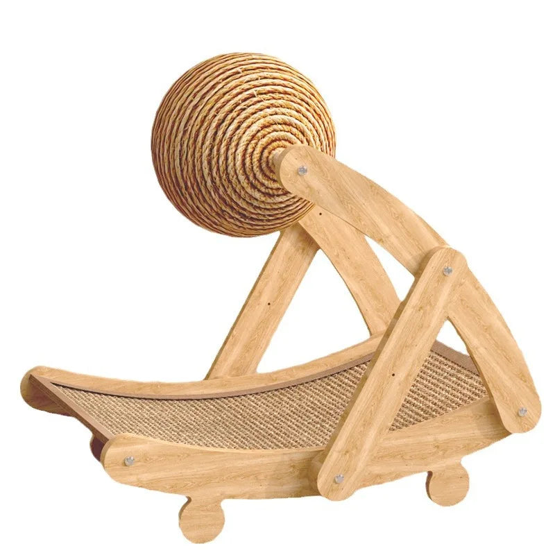 Arranhador multifuncional para gatos com estrutura de madeira estável, ideal para afiar as garras, dormir e brincar.