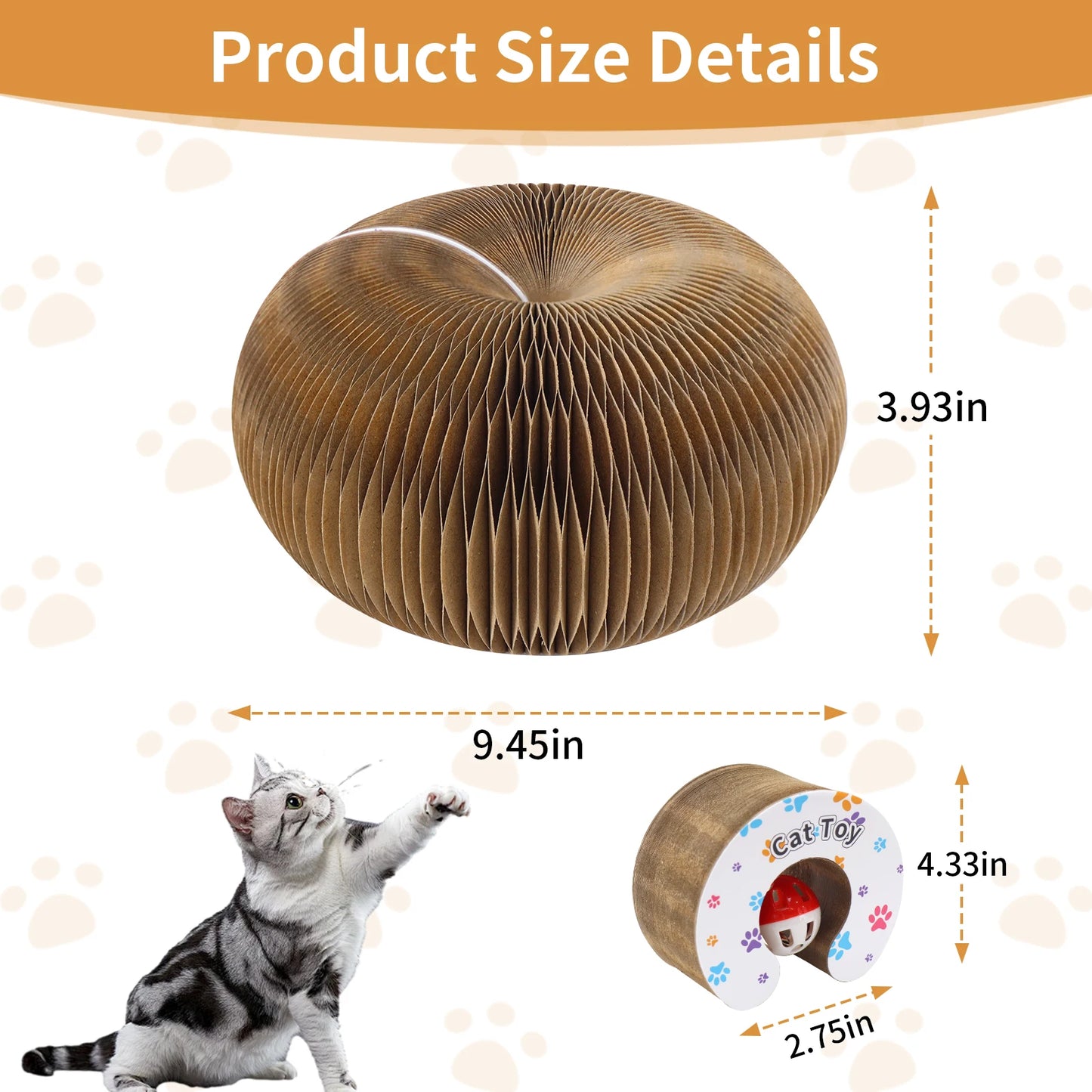 Arranhador de papelão dobrável interativo com sino e bola, ideal para gatos de interior.