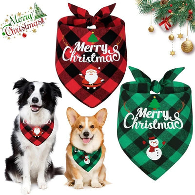 Cachecol triangular natalino para cães de estimação com estampas de Papai Noel e boneco de neve, tamanho ajustável