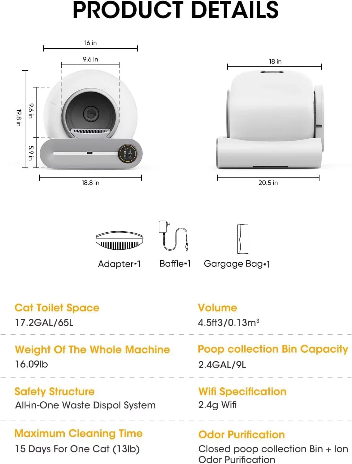 Caixa de areia inteligente automática Tonepie 65L, autolimpante e totalmente fechada.