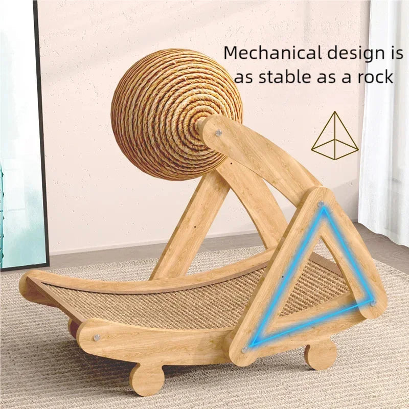 Arranhador multifuncional para gatos com estrutura de madeira estável, ideal para afiar as garras, dormir e brincar.