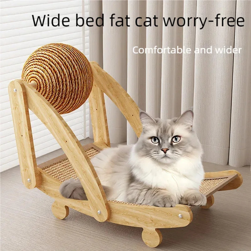 Arranhador multifuncional para gatos com estrutura de madeira estável, ideal para afiar as garras, dormir e brincar.