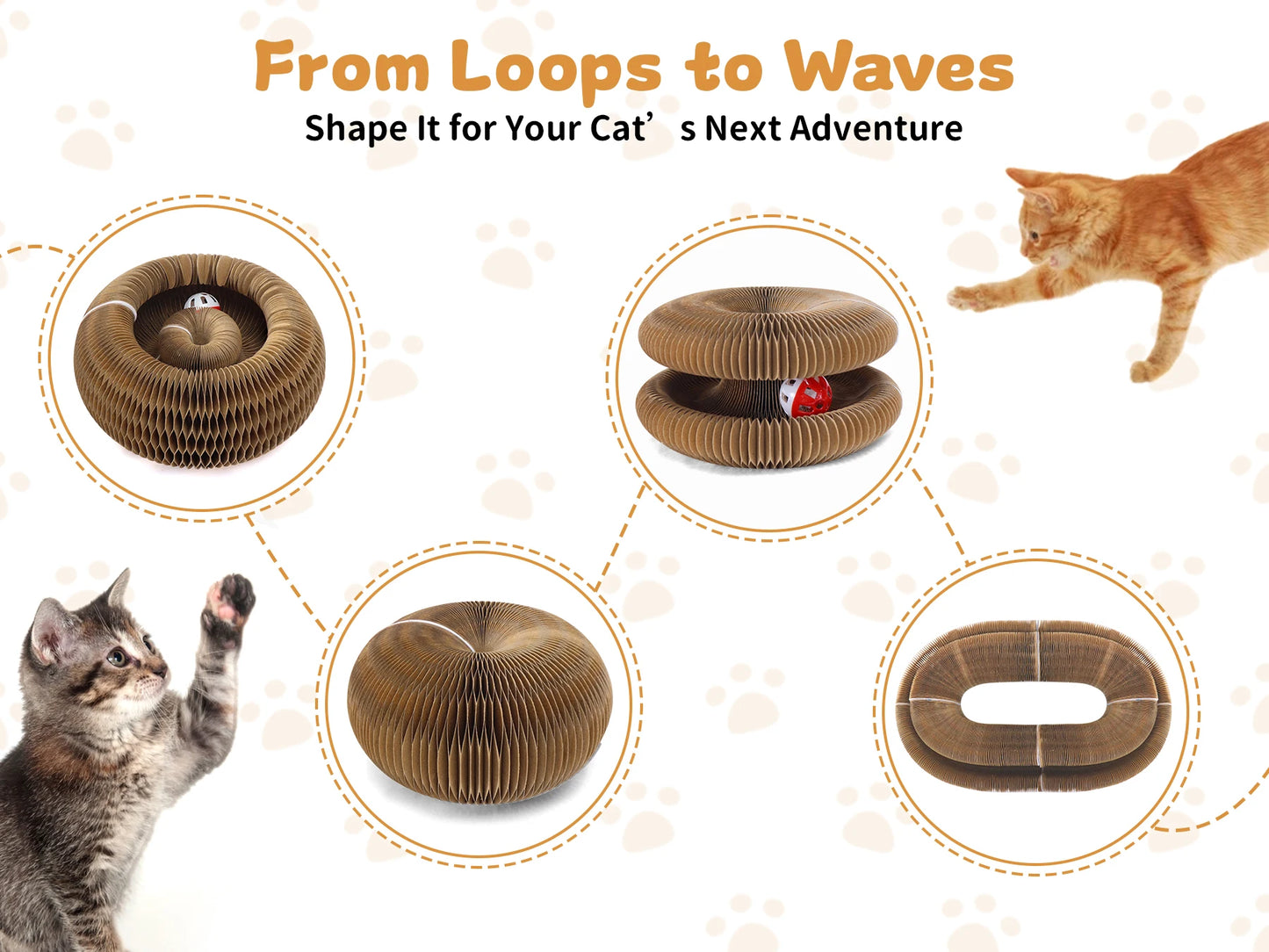 Arranhador de papelão dobrável interativo com sino e bola, ideal para gatos de interior.