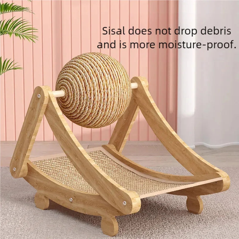 Arranhador multifuncional para gatos com estrutura de madeira estável, ideal para afiar as garras, dormir e brincar.