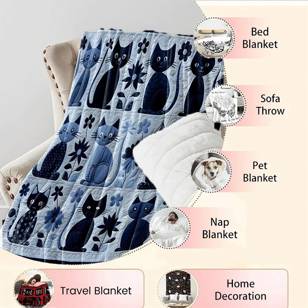 Manta acolchoada fofa com estampa floral de gato azul, ideal para camping, viagens, sofá e cama. Manta aconchegante e quentinha para amantes de gatos,.