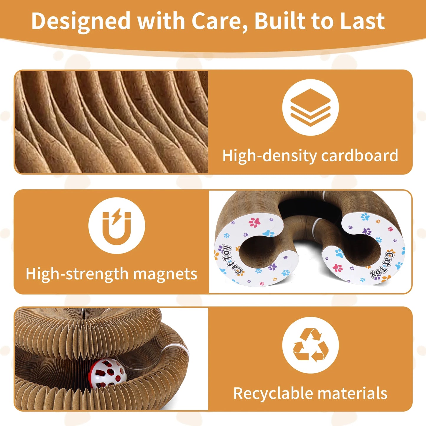 Arranhador de papelão dobrável interativo com sino e bola, ideal para gatos de interior.