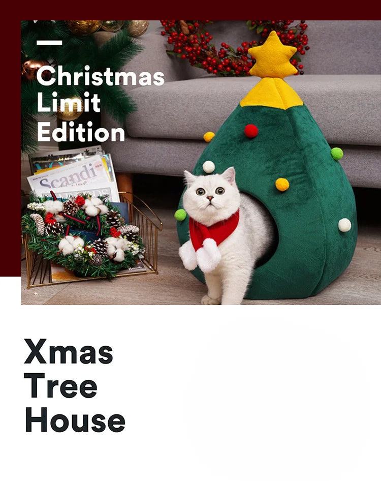 Ninho de Natal para Gato/Cachorro, Quentinho e Confortável, de Pelúcia, em Formato de Toca, Árvore, Desmontável e Lavável