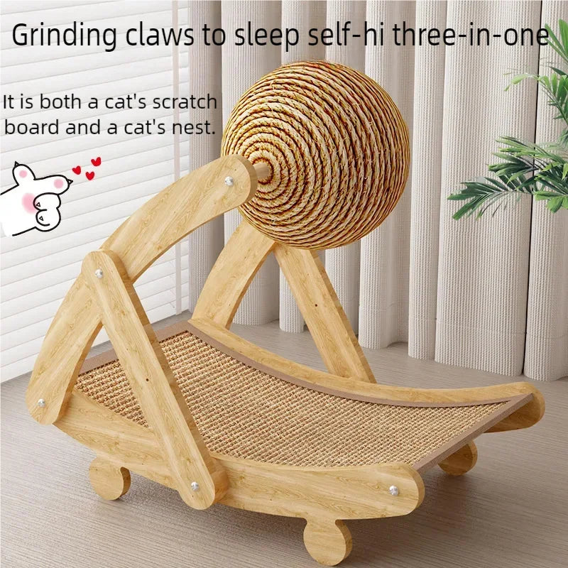 Arranhador multifuncional para gatos com estrutura de madeira estável, ideal para afiar as garras, dormir e brincar.