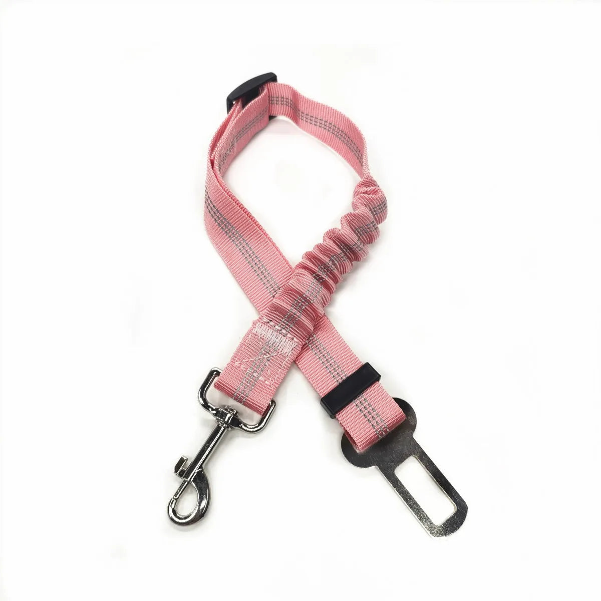 Cinto de segurança ajustável para cães em carro, feito de nylon com acolchoamento refletivo e elástico. Acessório ideal para viagens de carro com seu cão.