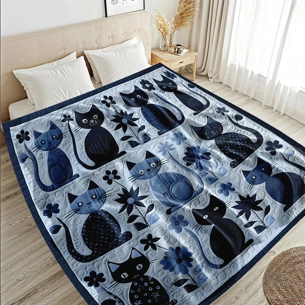 Manta acolchoada fofa com estampa floral de gato azul, ideal para camping, viagens, sofá e cama. Manta aconchegante e quentinha para amantes de gatos,.