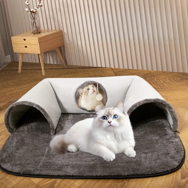 Nova cama em formato de túnel em U para gatos, com tapete removível e lavável para brincadeiras de esconde-esconde.