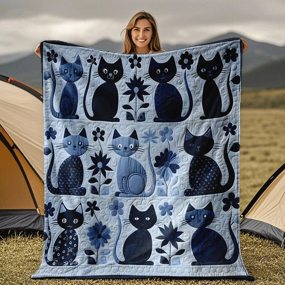 Manta acolchoada fofa com estampa floral de gato azul, ideal para camping, viagens, sofá e cama. Manta aconchegante e quentinha para amantes de gatos,.