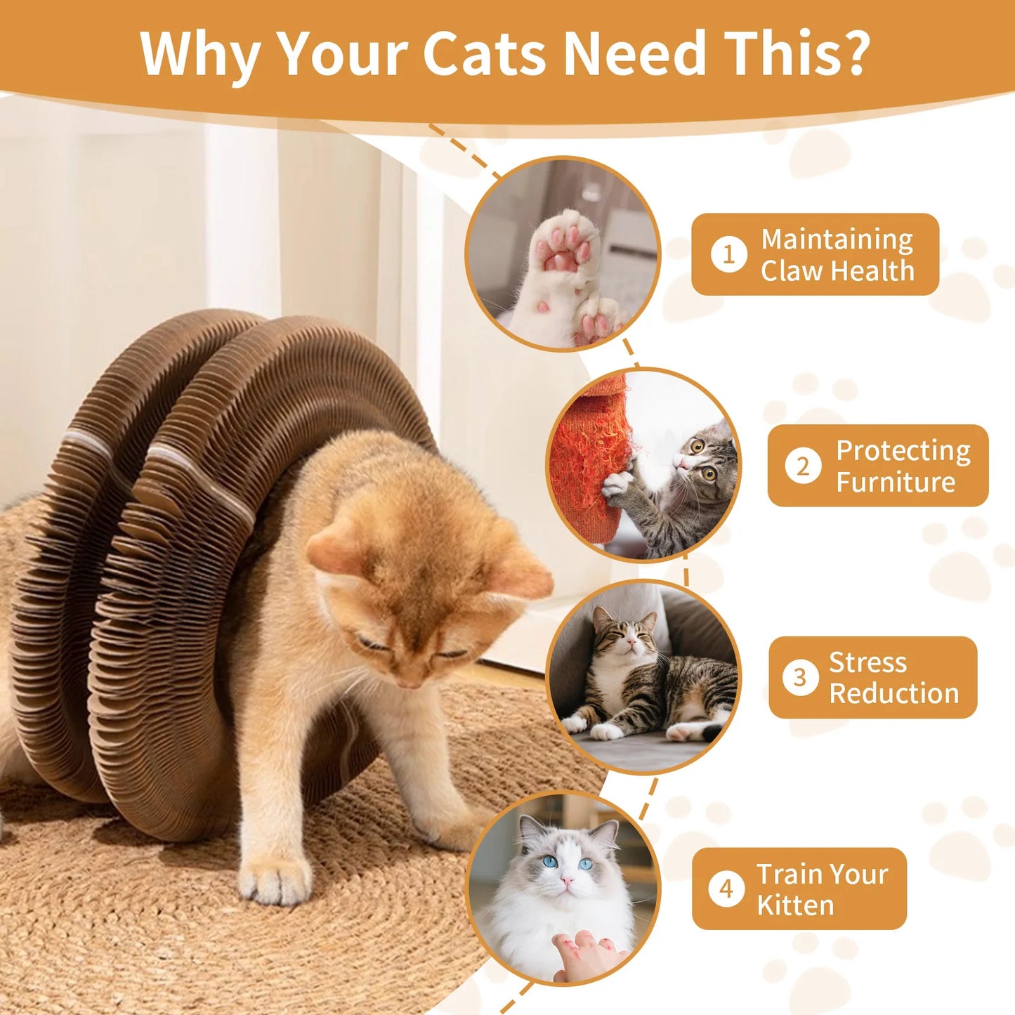 Arranhador de papelão dobrável interativo com sino e bola, ideal para gatos de interior.