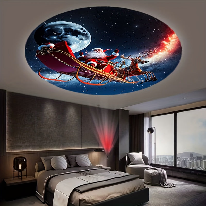 Projetor de luz USB com elementos natalícios, estampa de boneco de neve, trenó do Papai Noel e renas, luz projetora direcional giratória 360°