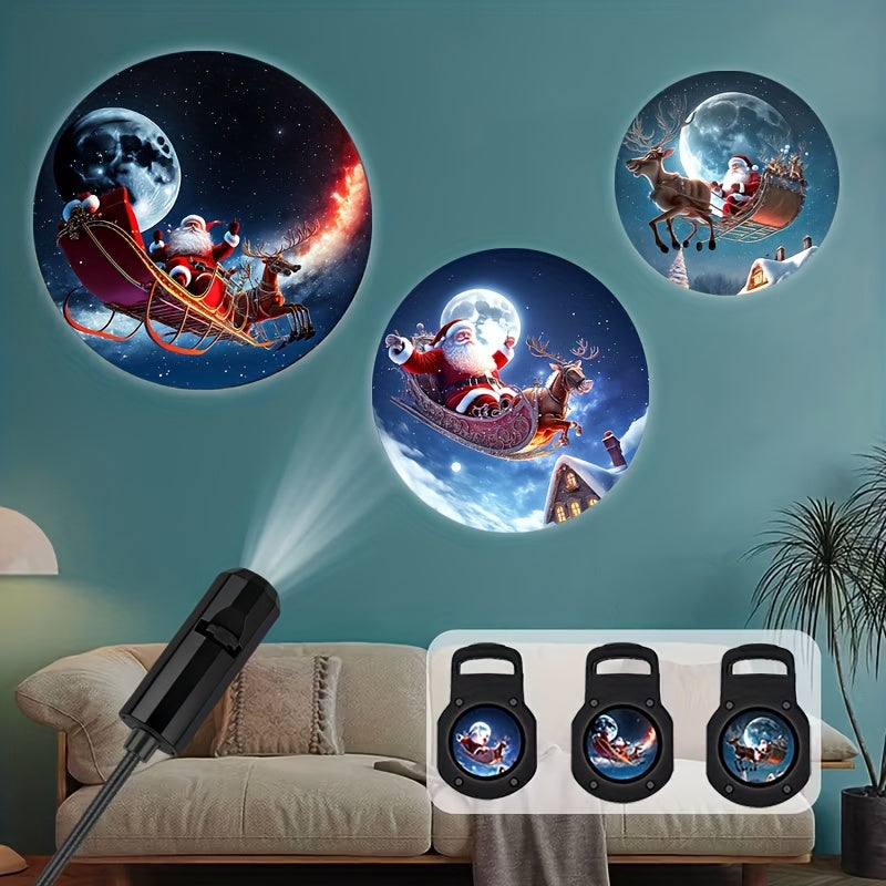 Projetor de luz USB com elementos natalícios, estampa de boneco de neve, trenó do Papai Noel e renas, luz projetora direcional giratória 360°