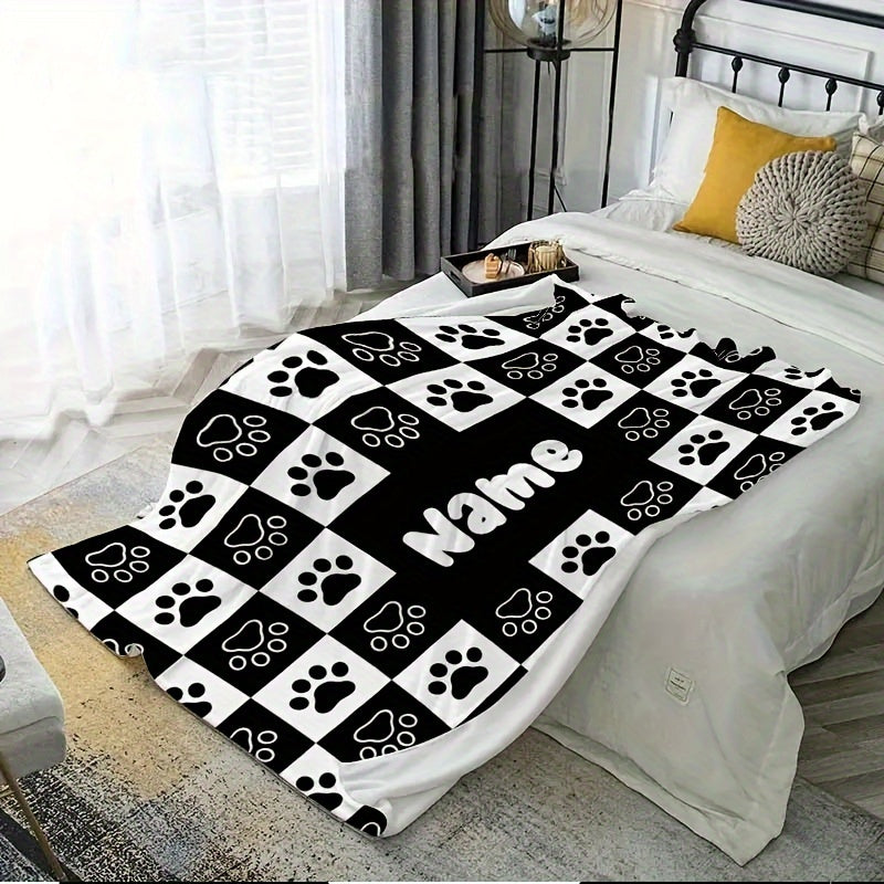 Manta personalizada com pegadas de cão e nome - Presente personalizável para amantes de cães - Adequada para praia, carro, sofá, escritório e uso animal - Lavável à máquina