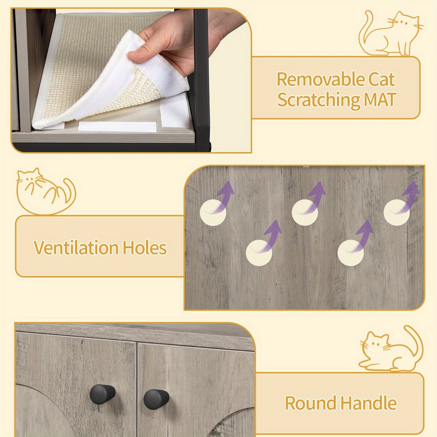 Árvore para Gatos 4 em 1 com Armário para Caixa de Areia, Tapete de Sisal para Arranhar, Postes, Escadas e Pompons - Almofadas Laváveis, Cinza-Bege