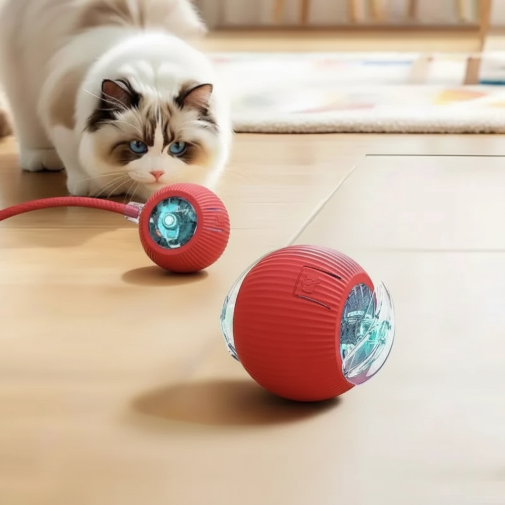 Set of 2 interactive cat balls with USB rechargeable motor and random rolling motion.