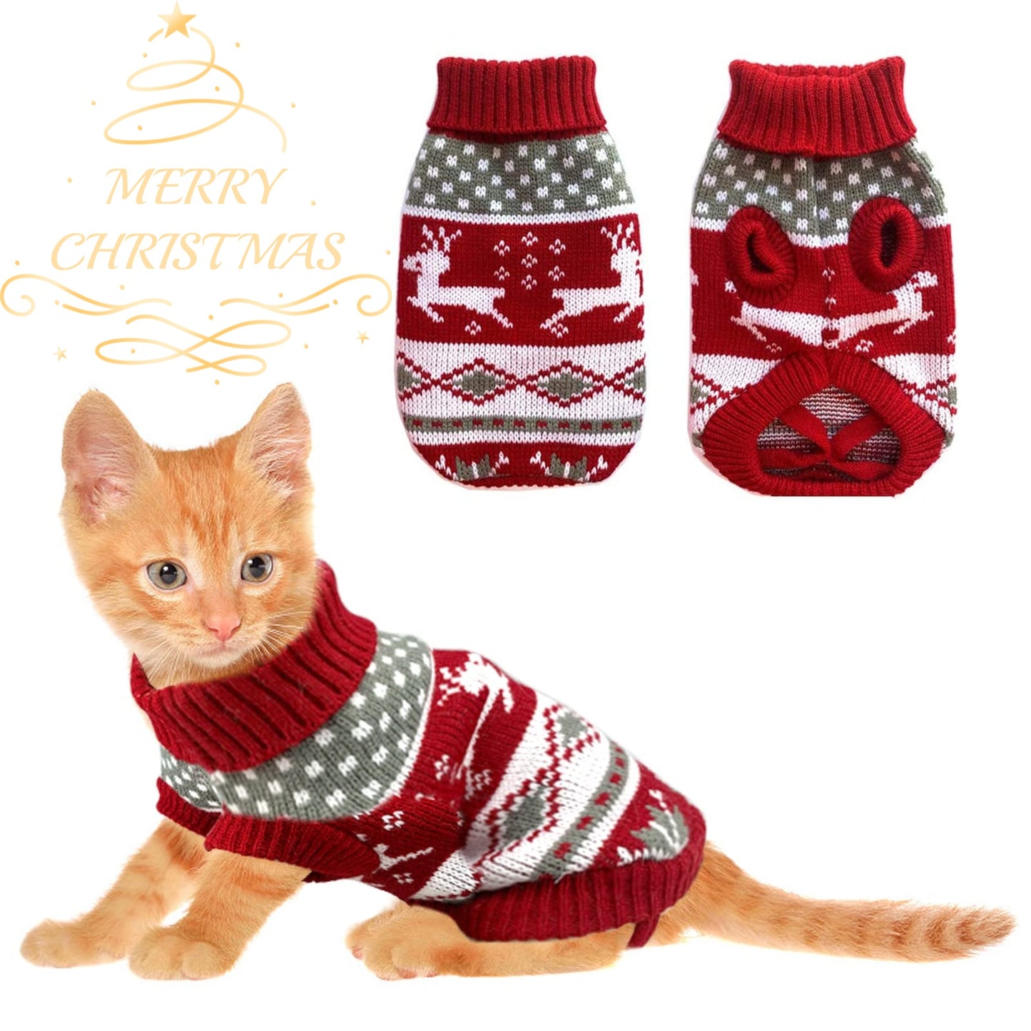 Suéter natalino de tricô quentinho e aconchegante para cães e gatos de pequeno e médio porte com renas e flocos de neve, lavável à mão,.