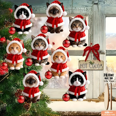 Enfeites de Natal 2D planos, com 8 gatinhos fofos  com gorros e laços de Papai Noel, pingentes de madeira para pendurar na árvore