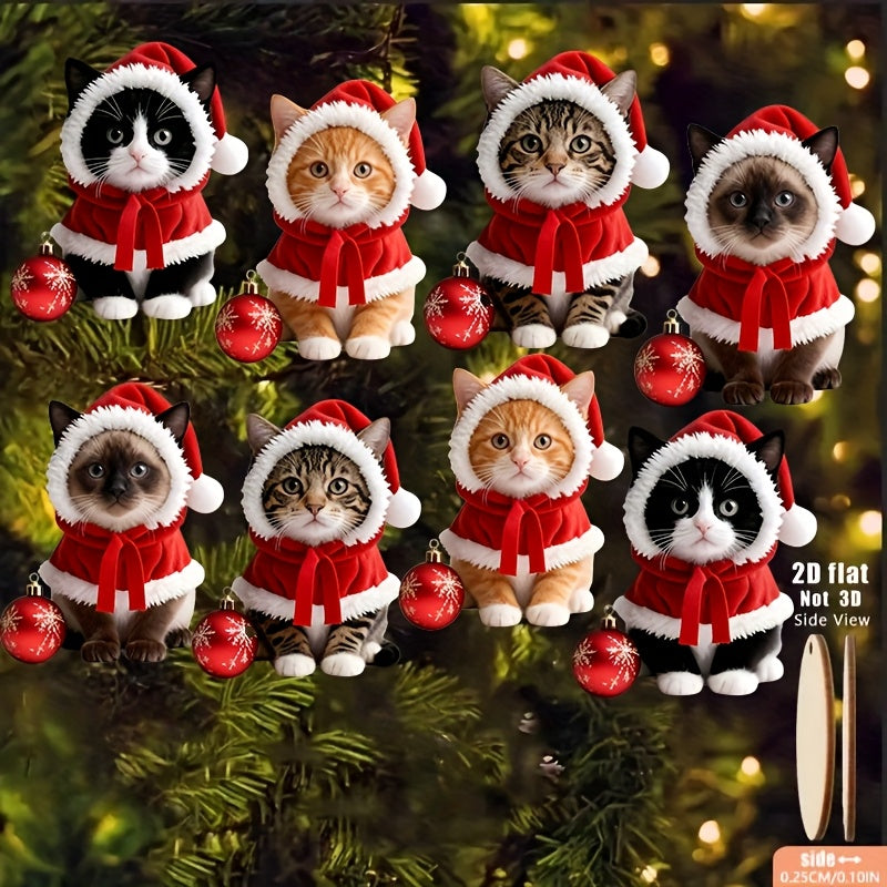 Enfeites de Natal 2D planos, com 8 gatinhos fofos  com gorros e laços de Papai Noel, pingentes de madeira para pendurar na árvore