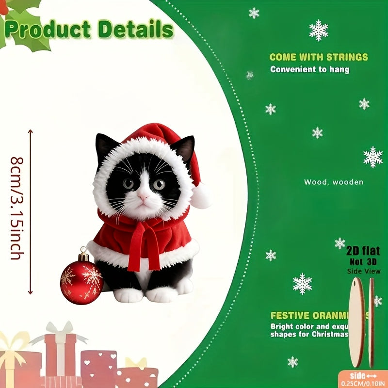 Enfeites de Natal 2D planos, com 8 gatinhos fofos  com gorros e laços de Papai Noel, pingentes de madeira para pendurar na árvore