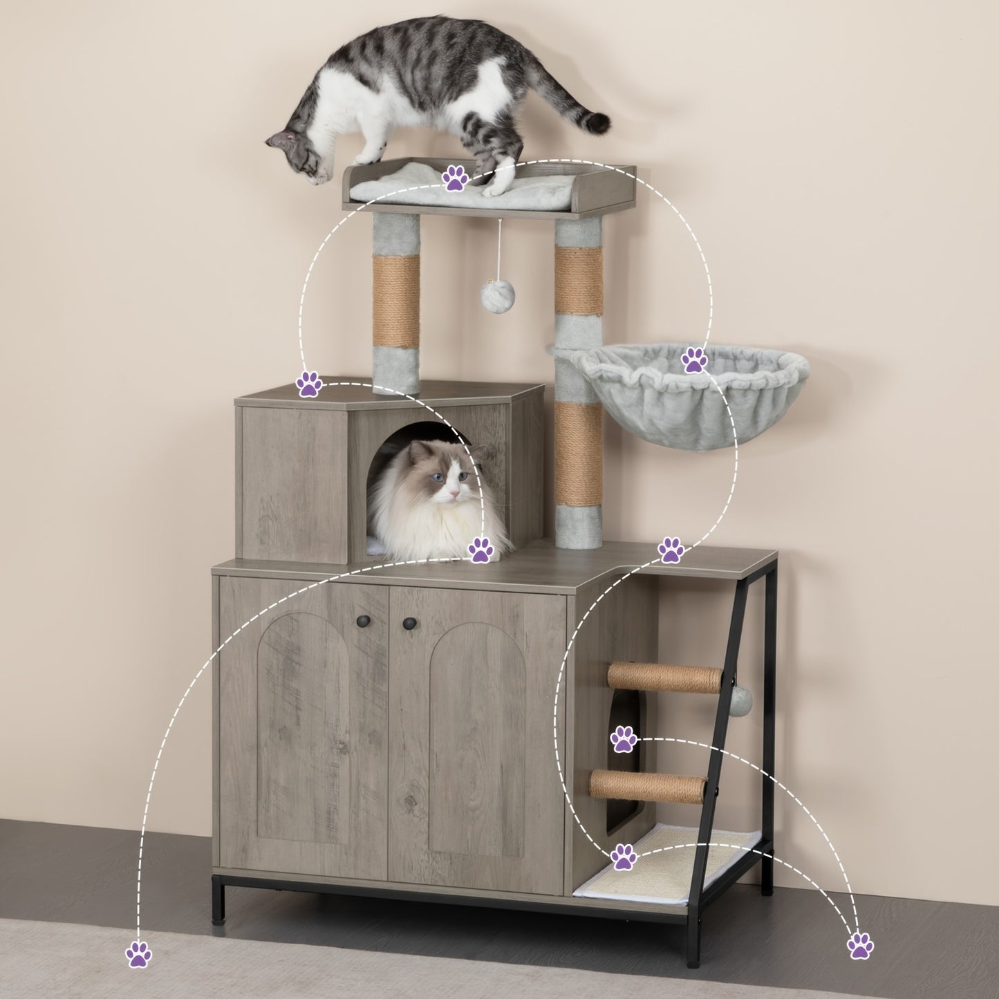 Árvore para Gatos 4 em 1 com Armário para Caixa de Areia, Tapete de Sisal para Arranhar, Postes, Escadas e Pompons - Almofadas Laváveis, Cinza-Bege