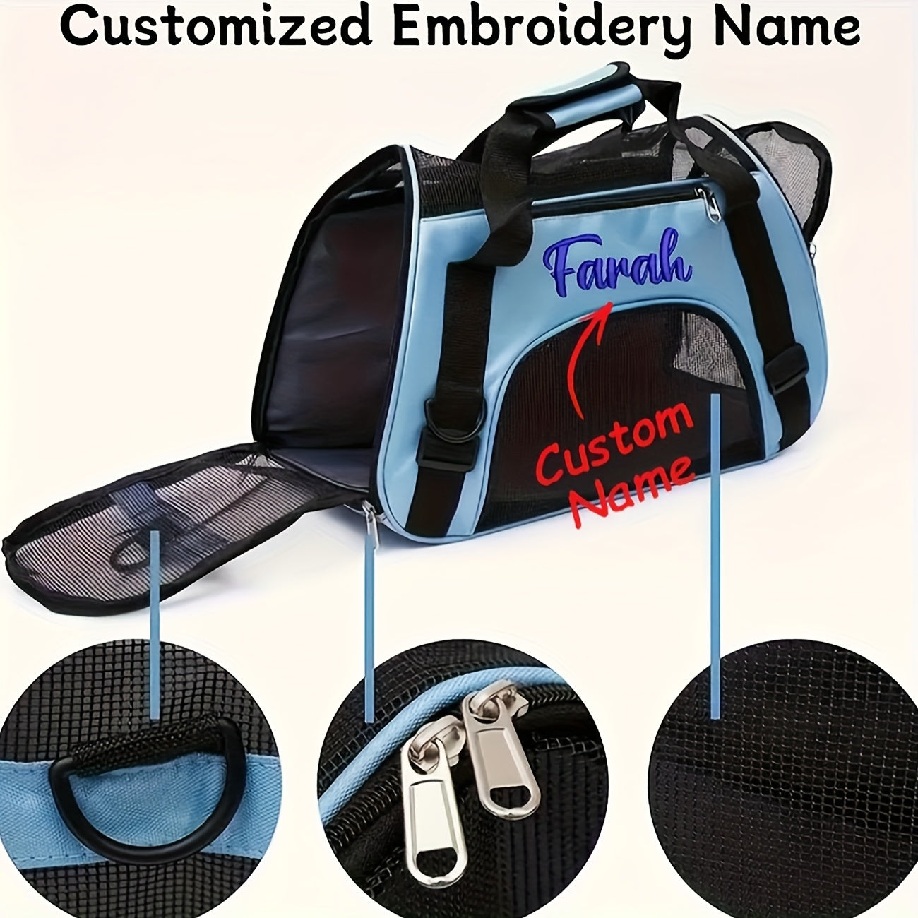 Mochila para transporte de cães e gatos bordada personalizada - Bolsa de viagem  com malha de ventilação, design dobrável e transversal e poliéster durável.