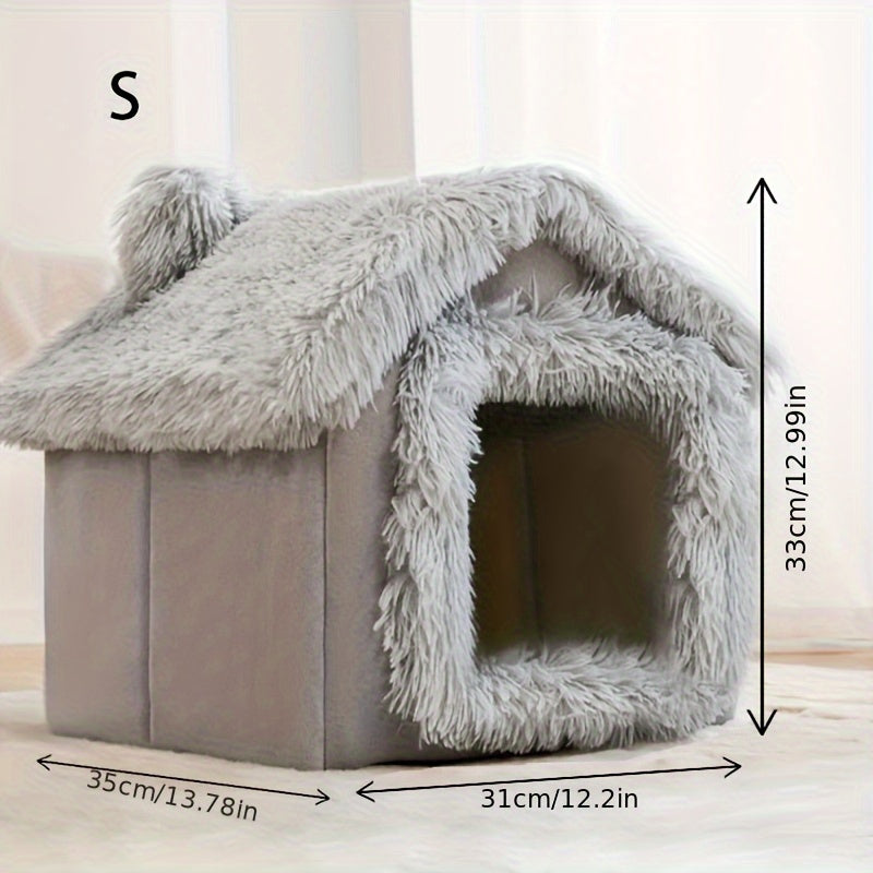 Cama de pelúcia confortável para cães e gatos, casinha para gatos com fundo antiderrapante removível