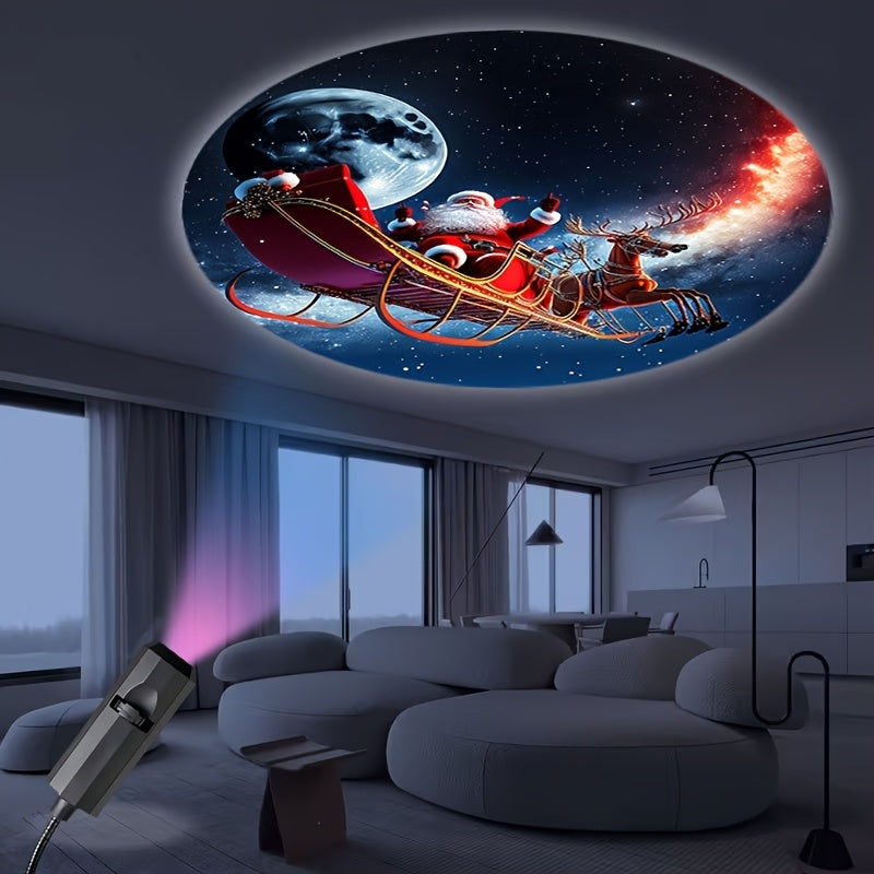Projetor de luz USB com elementos natalícios, estampa de boneco de neve, trenó do Papai Noel e renas, luz projetora direcional giratória 360°